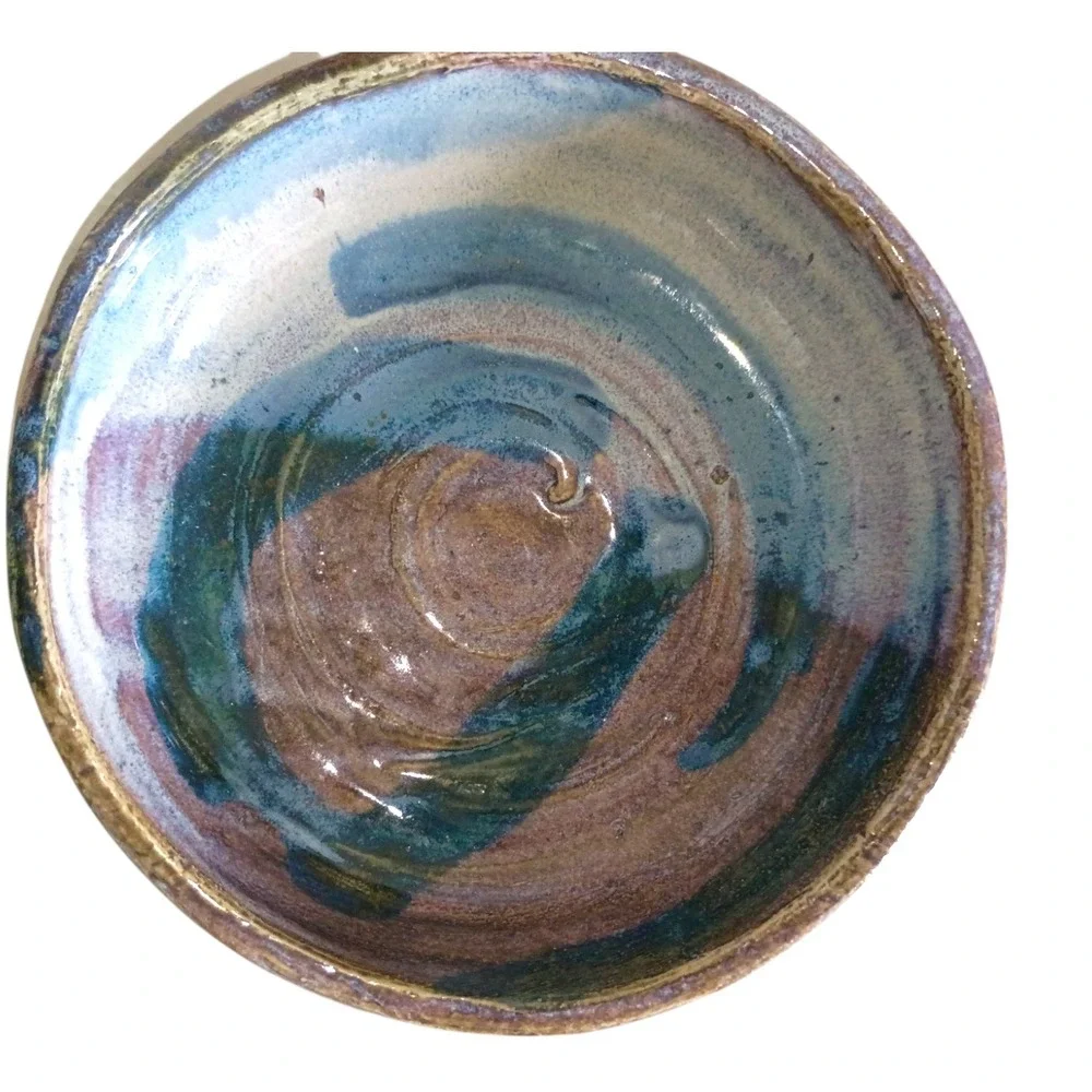 Signed‎ Studio Pottery Hand Thrown Glazed Stoneware Bowl Blue Purple Brown 5.5